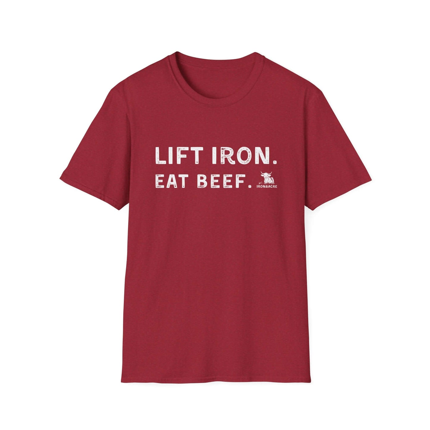 Lift Iron Eat Beef unisex fitness tee in red, perfect for gym lovers and casual wear enthusiasts.