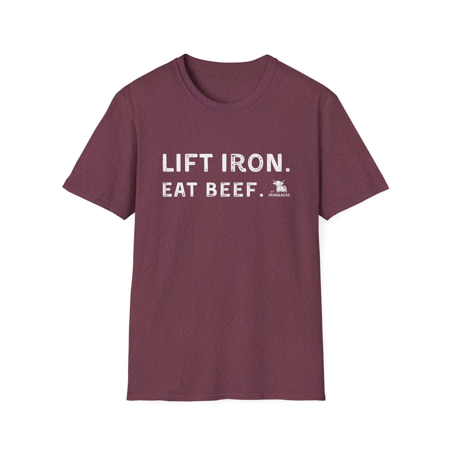 Lift Iron Eat Beef unisex tee in maroon, perfect for gym lovers and casual outings, showcasing a humorous fitness motto.