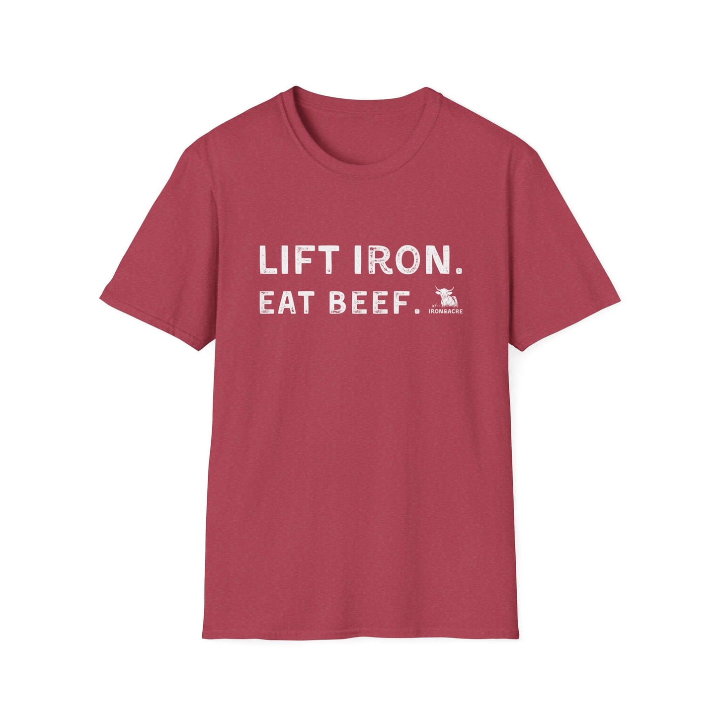 Lift Iron Eat Beef unisex t-shirt in maroon, comfortable and stylish for gym enthusiasts and casual wear.