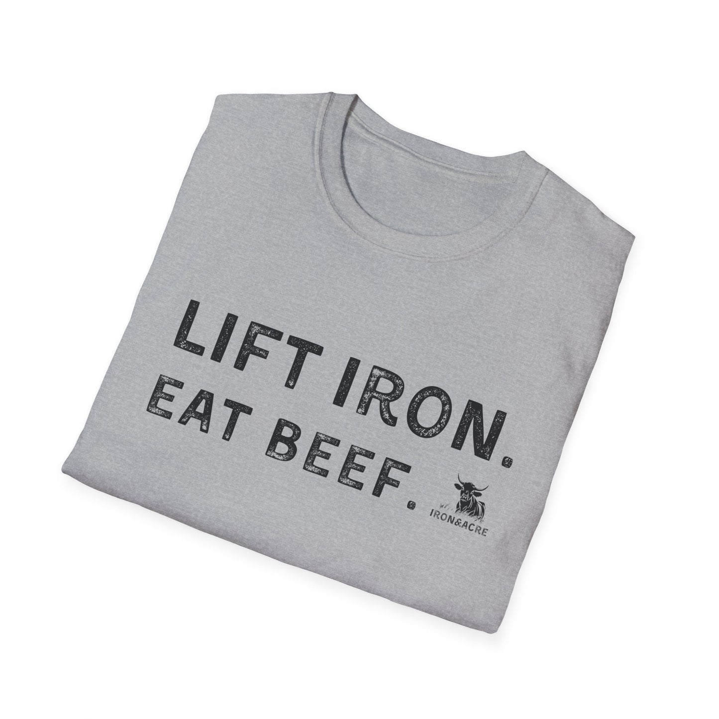 Gray unisex tee with 'Lift Iron. Eat Beef.' design, perfect for fitness lovers and casual wear.