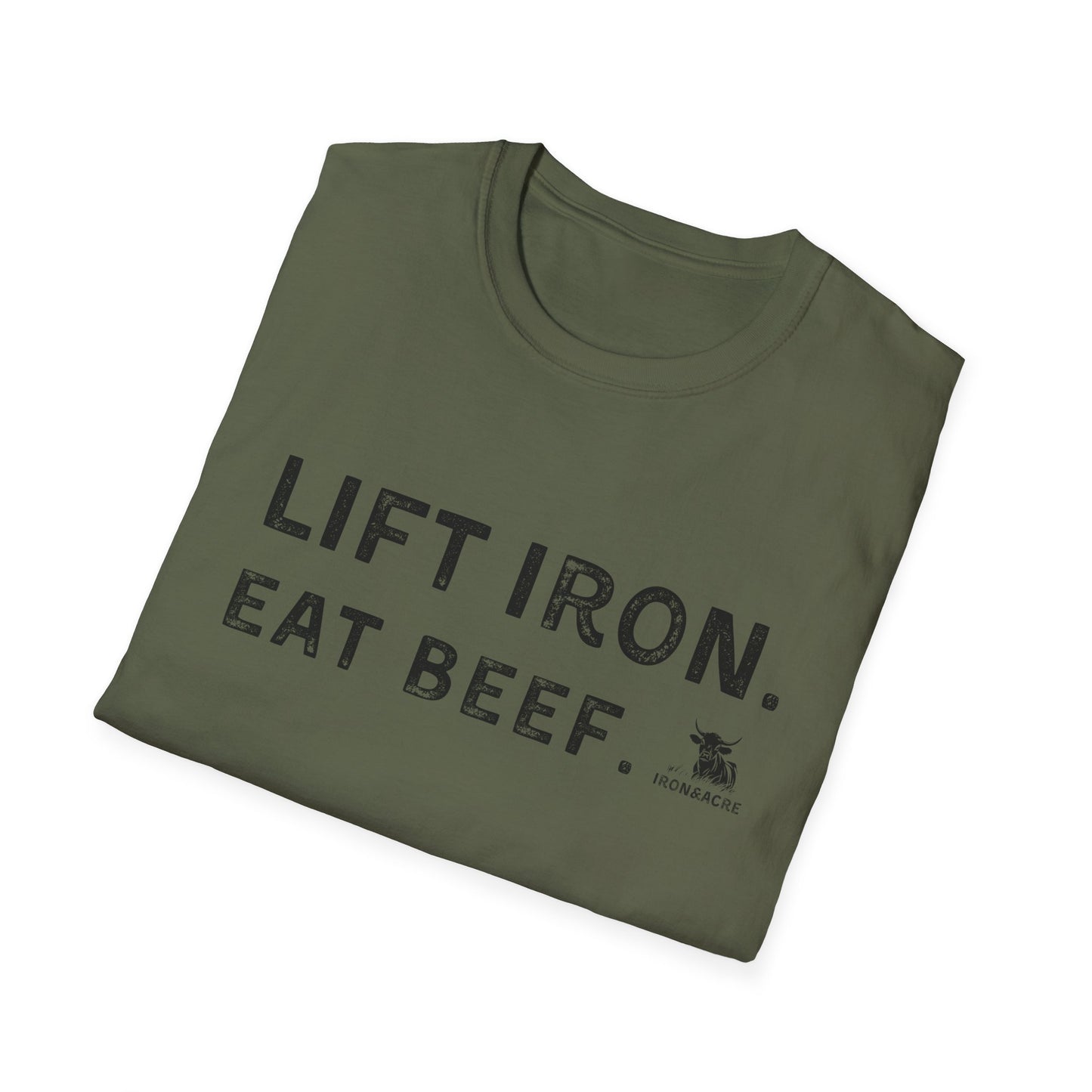 Unisex olive green t-shirt with 'Lift Iron. Eat Beef.' print, ideal for fitness enthusiasts and casual wear.