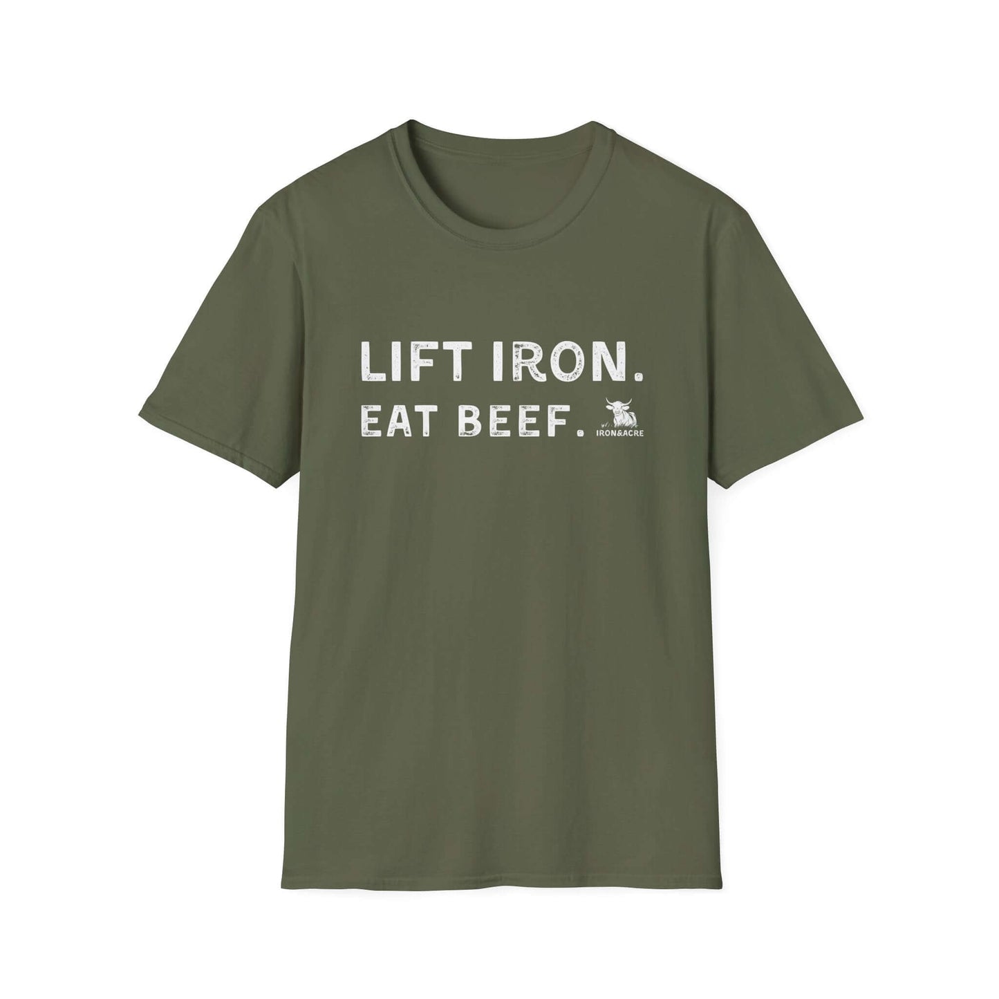 Unisex olive green tee with 'Lift Iron. Eat Beef.' slogan, ideal for fitness enthusiasts and casual wear.
