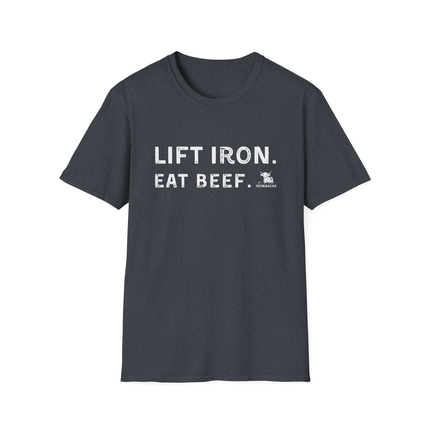 Unisex fitness tee reading 'Lift Iron. Eat Beef.' in stylish white on a dark background, perfect for gym lovers.