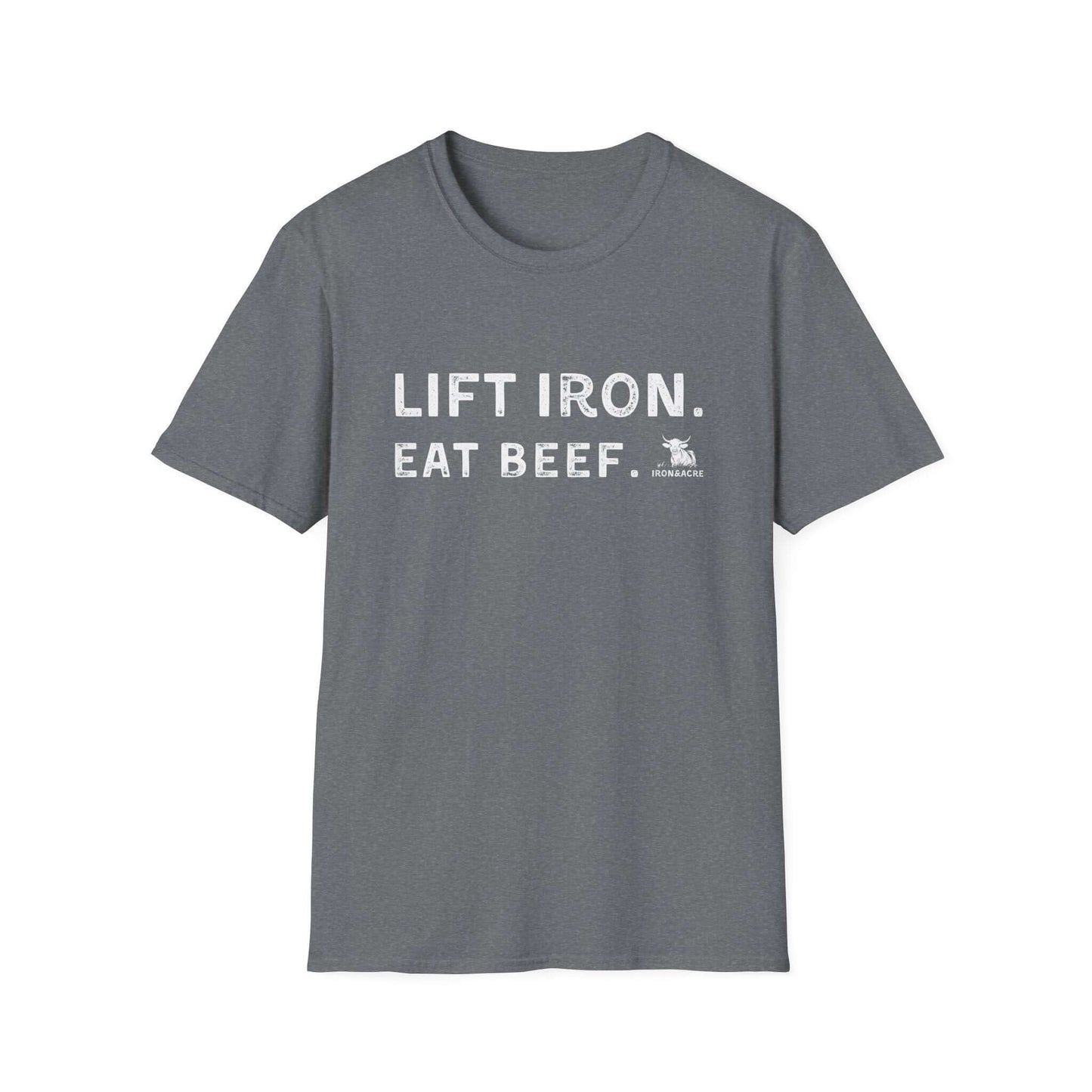 Lift Iron Eat Beef unisex tee, comfortable fitness shirt for gym lovers, stylish and humorous workout wardrobe.
