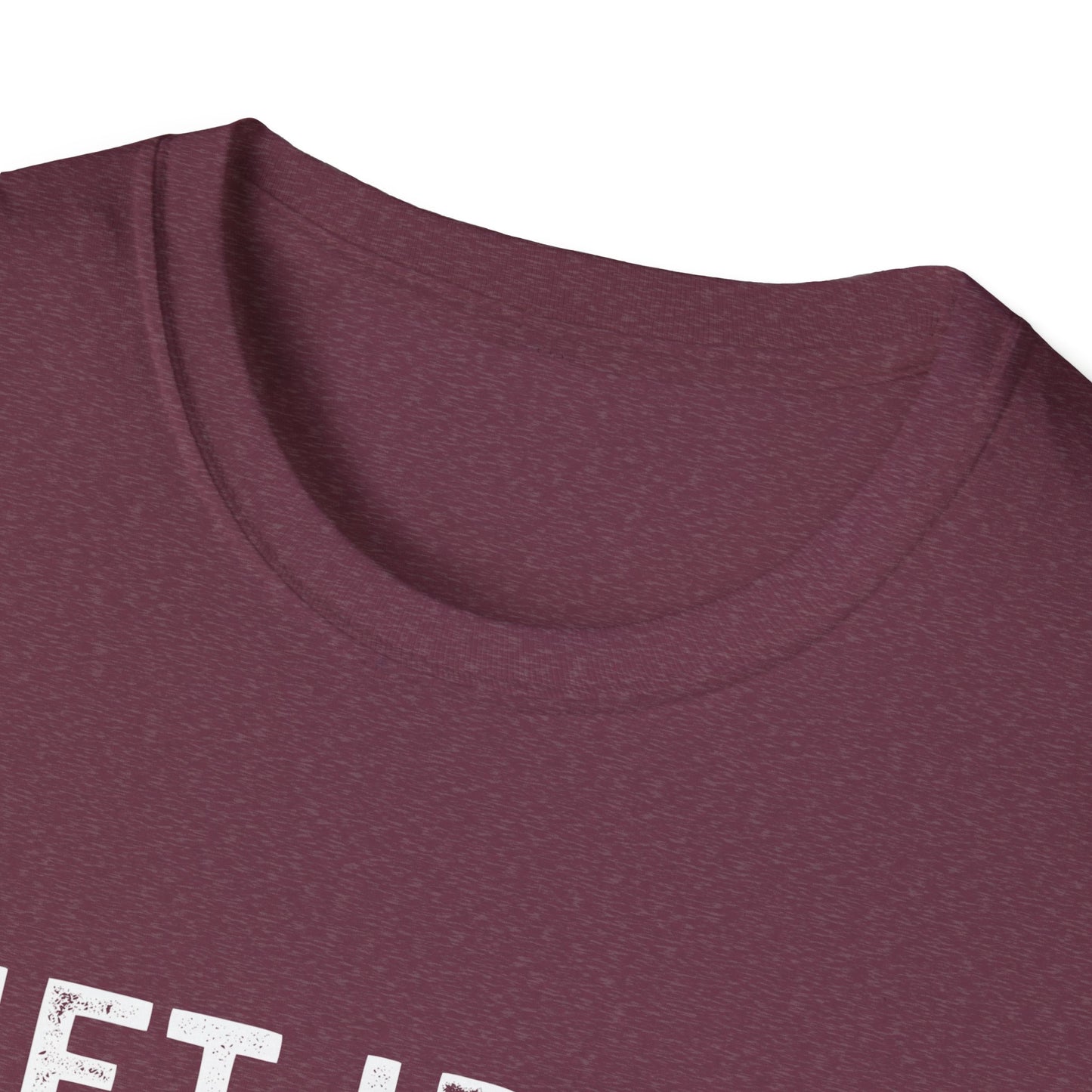 Close-up of the neckline on a comfortable unisex gym tee, showcasing soft fabric texture and stylish design.