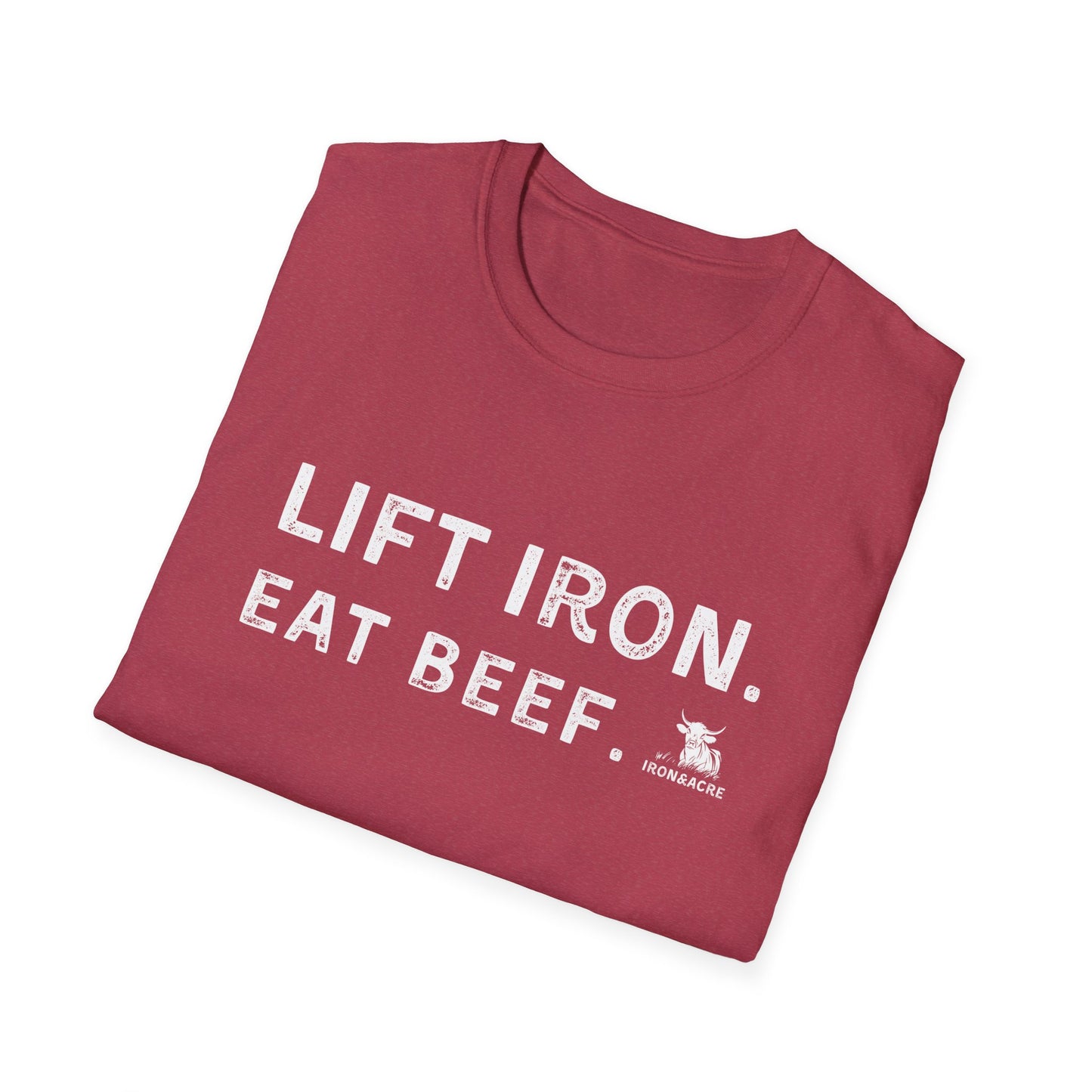 Red unisex t-shirt featuring 'Lift Iron. Eat Beef.' design, ideal for gym enthusiasts and casual wear.