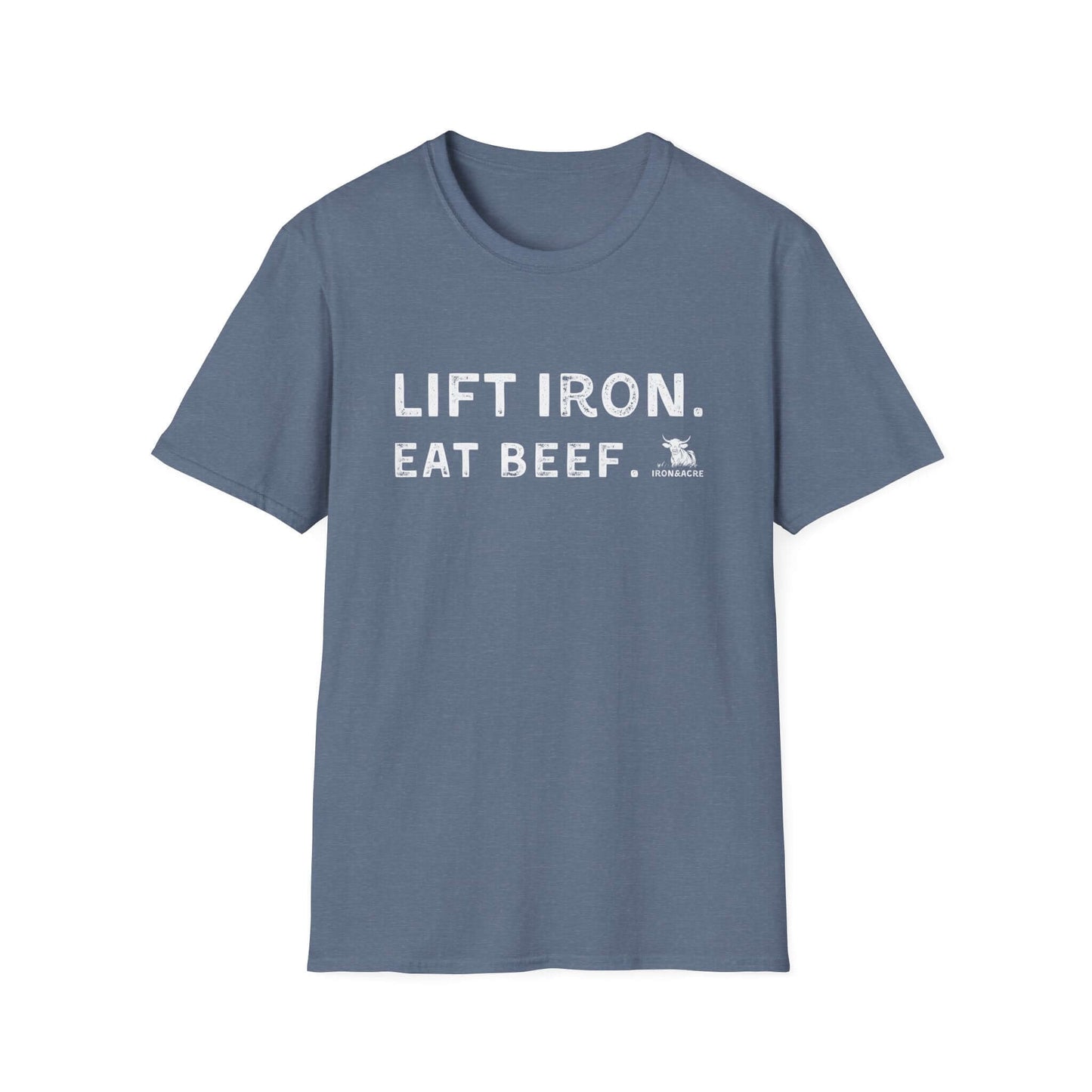 Lift Iron Eat Beef unisex fitness tee in softstyle for gym lovers, perfect for workouts and casual wear.