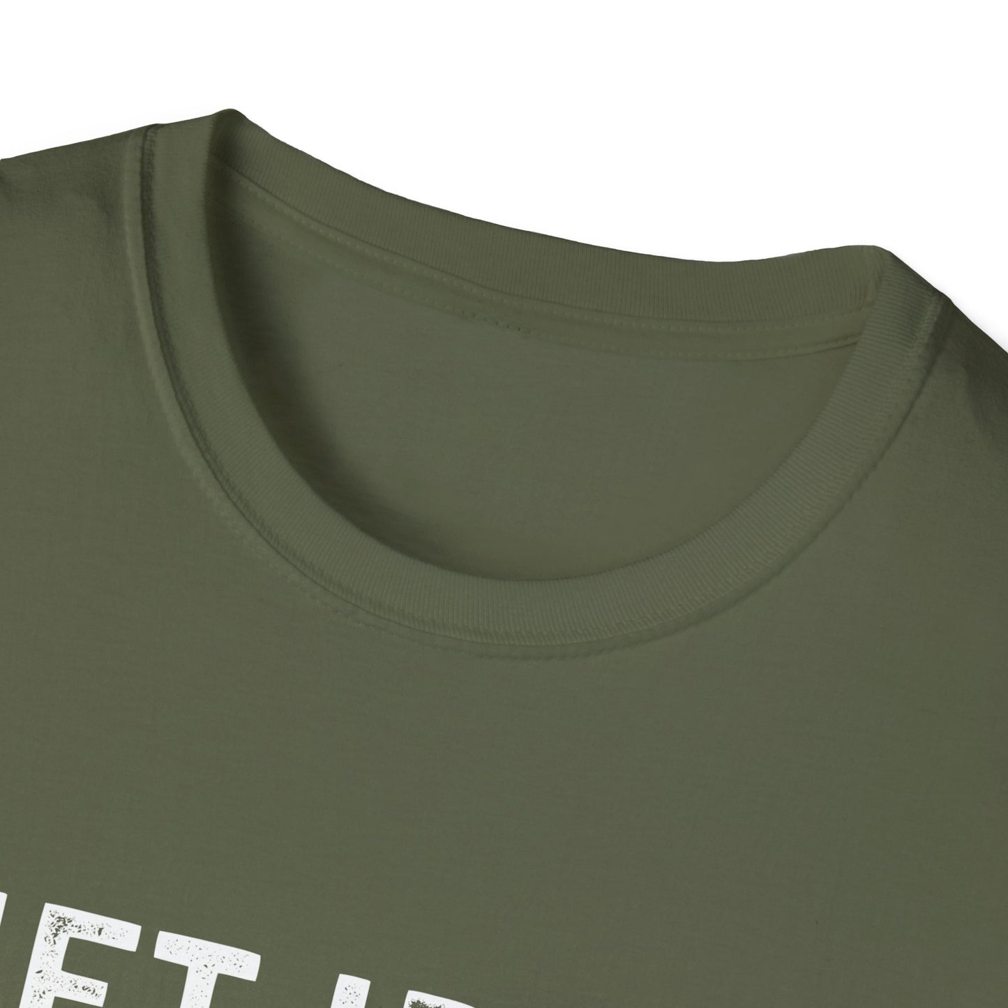 Close-up of unisex fitness tee collar in olive green, promoting humor and comfort for gym lovers.