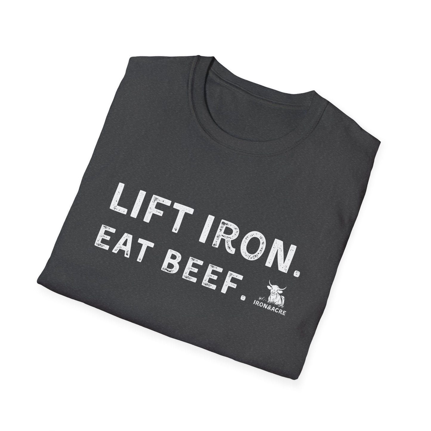 Lift Iron Eat Beef unisex fitness tee, perfect for gym lovers and casual wear.