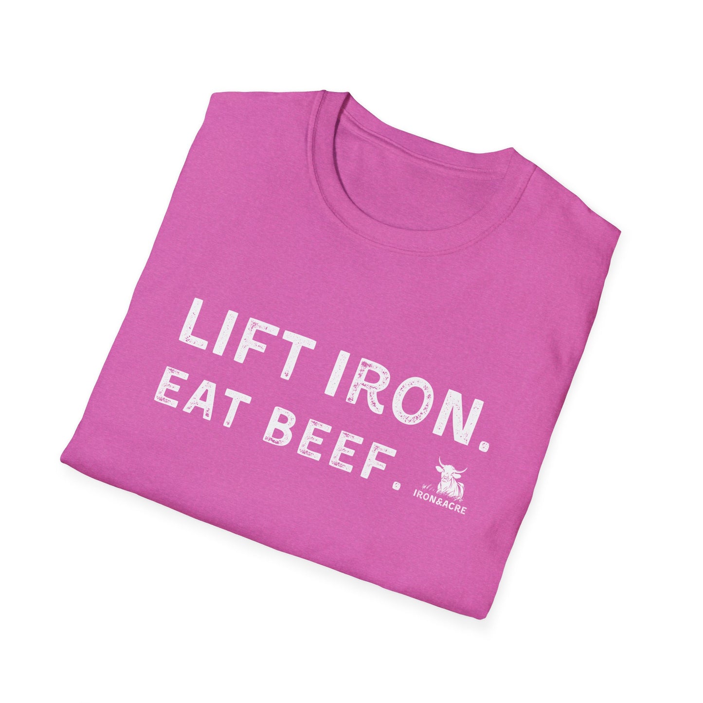 Lift Iron Eat Beef unisex tee in pink, perfect for gym lovers and casual outings, showcasing fitness humor.