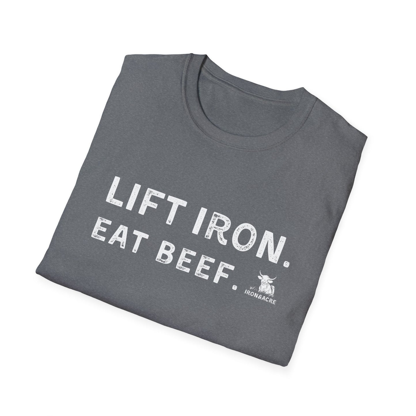 Lift Iron Eat Beef unisex t-shirt, stylish fitness tee for gym lovers, soft and comfortable, gray design.