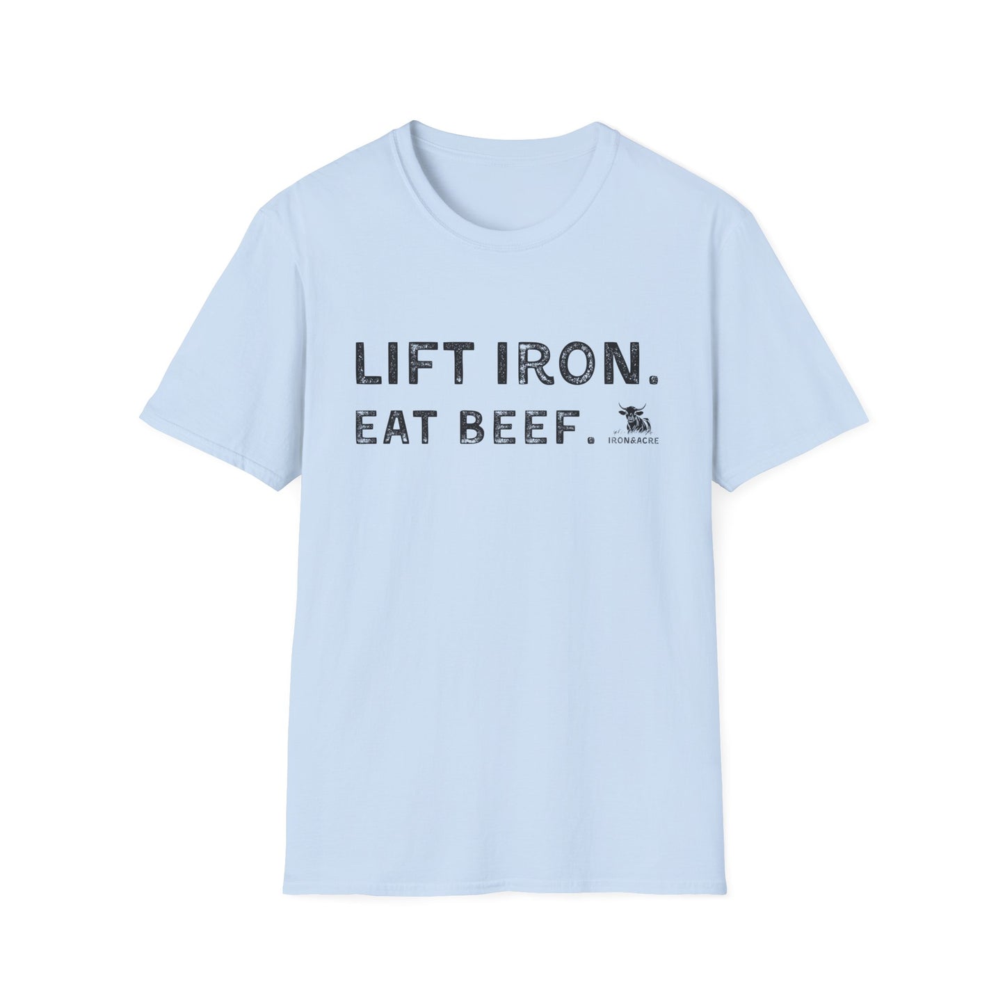 Light blue unisex fitness tee featuring 'Lift Iron. Eat Beef.' slogan, ideal for gym enthusiasts and casual wear.