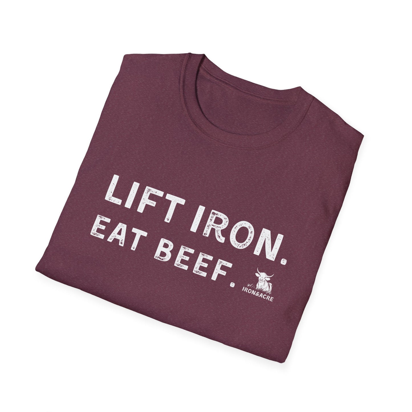Folded maroon unisex t-shirt with 'Lift Iron. Eat Beef.' print, ideal for gym lovers and casual wear.