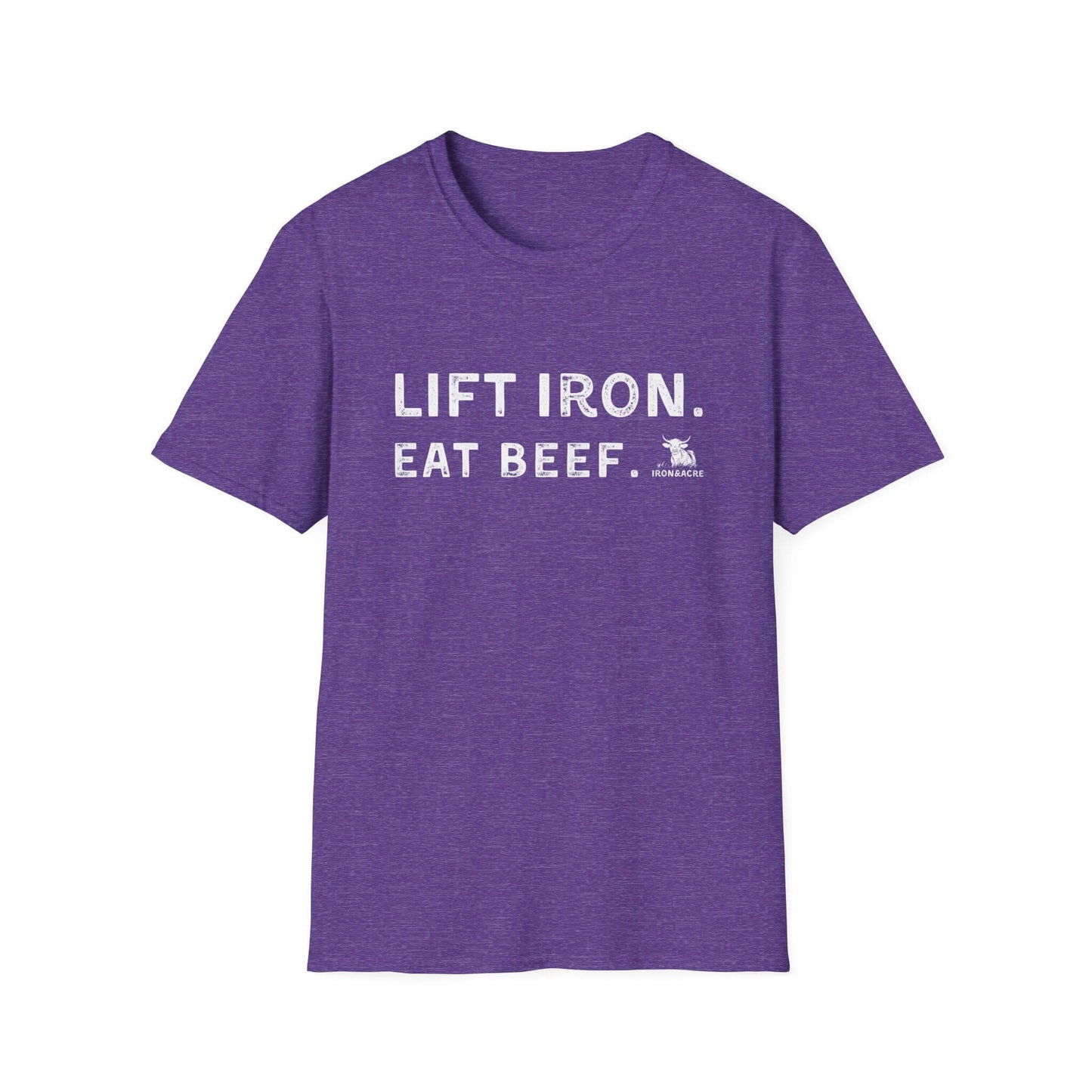 Purple unisex fitness tee with "Lift Iron. Eat Beef." slogan, perfect for gym enthusiasts and casual wear.