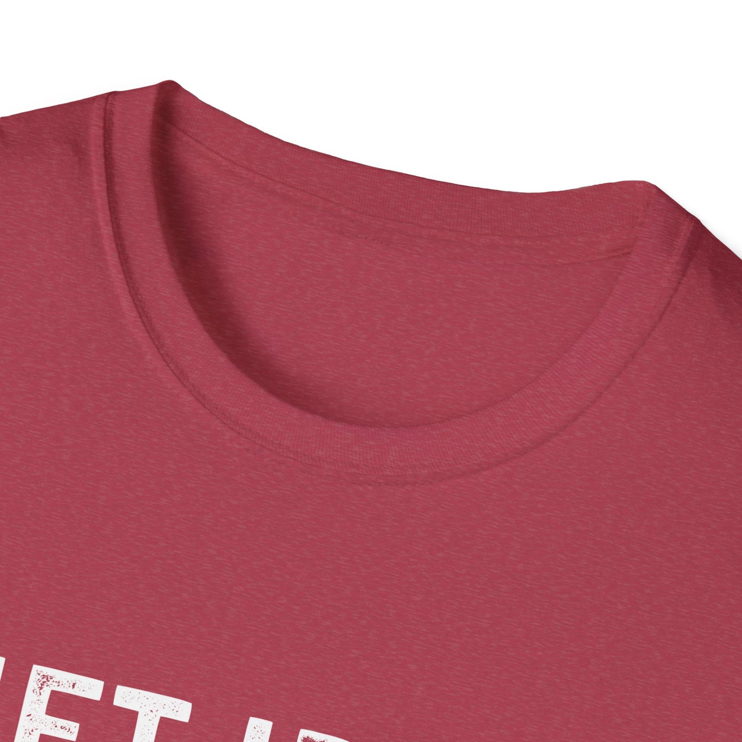 Close-up of the neck area of The Lift Iron Eat Beef unisex fitness tee in burgundy color.