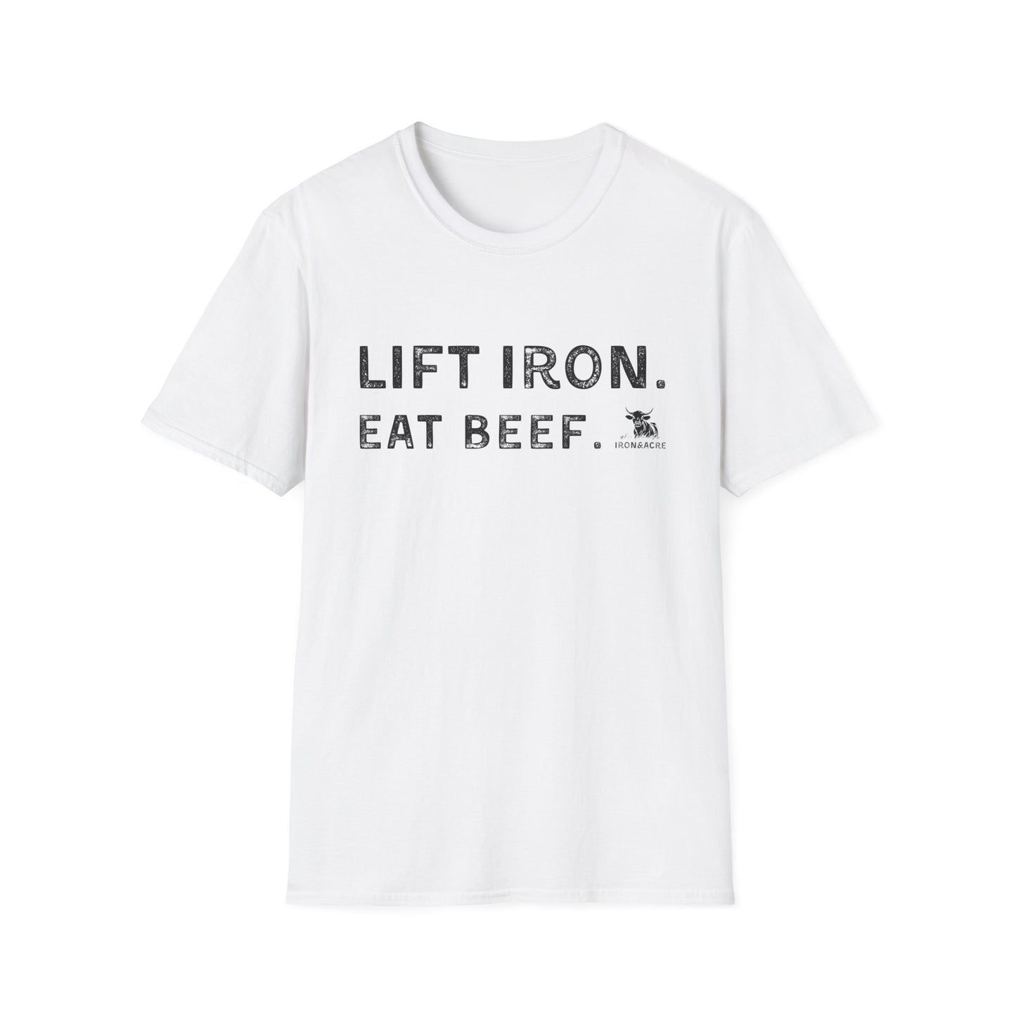 Lift Iron Eat Beef unisex fitness tee in white, perfect for gym lovers and casual wear.