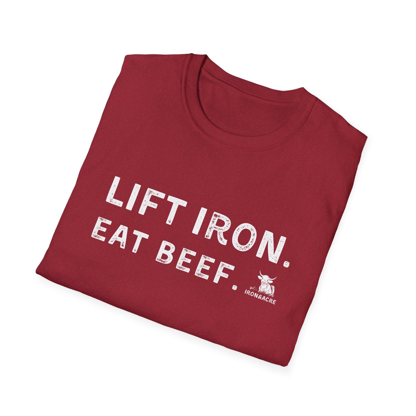 Stylish unisex tee featuring 'Lift Iron. Eat Beef.' for gym lovers, perfect for workouts and casual wear.