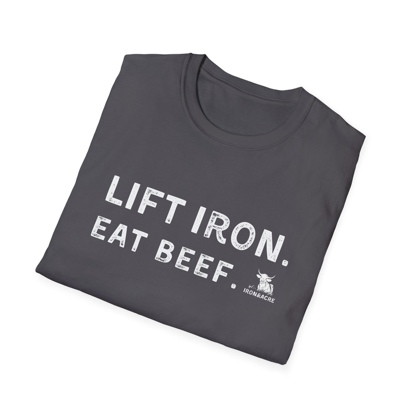 Lift Iron Eat Beef unisex fitness tee in dark color, perfect for gym lovers and casual wear.