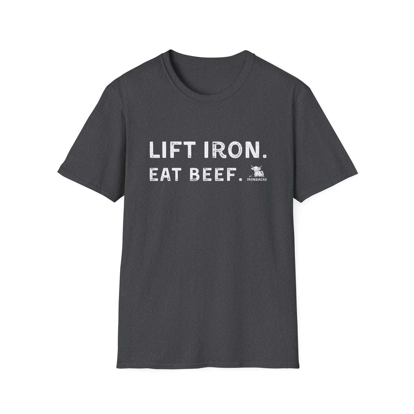 Stylish unisex fitness tee featuring 'Lift Iron. Eat Beef.' design, perfect for gym workouts and casual wear.