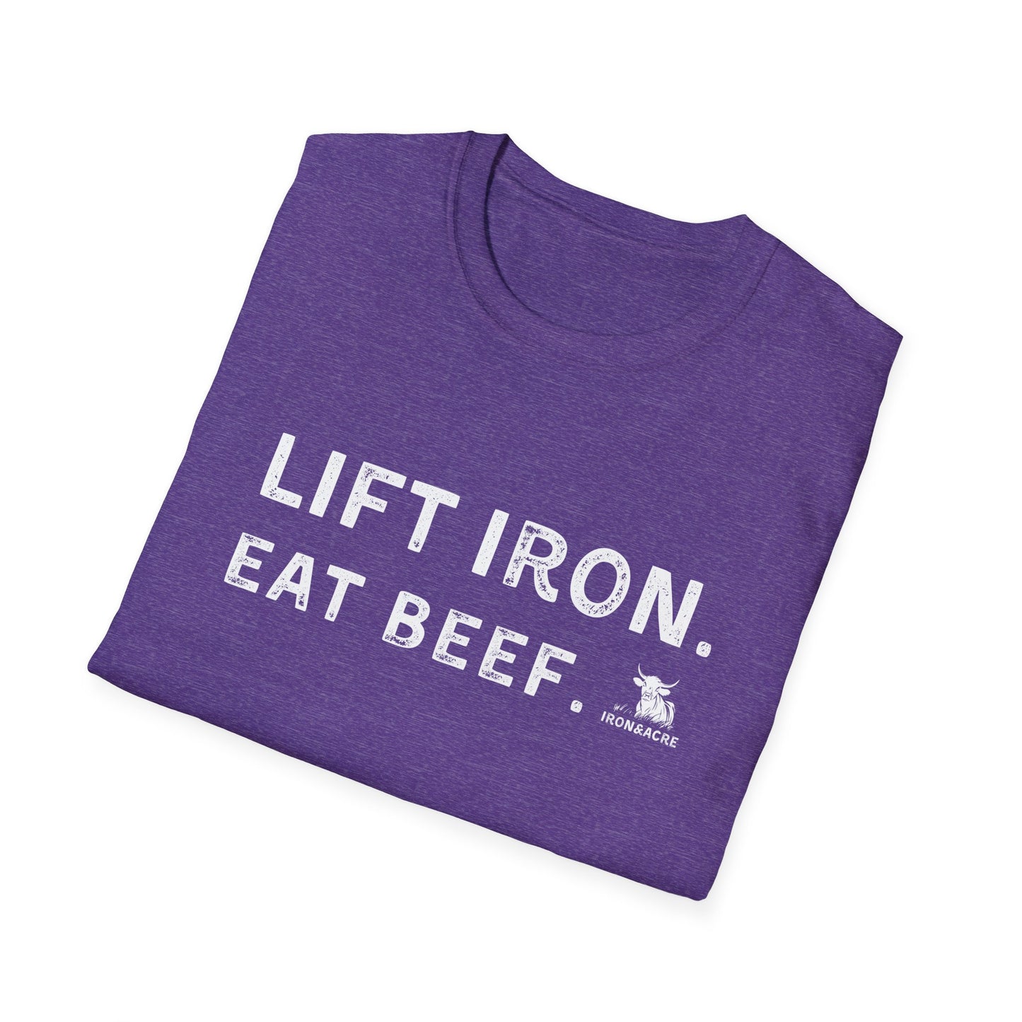 Purple unisex tee with 'Lift Iron. Eat Beef.' design, perfect for workouts or casual wear.