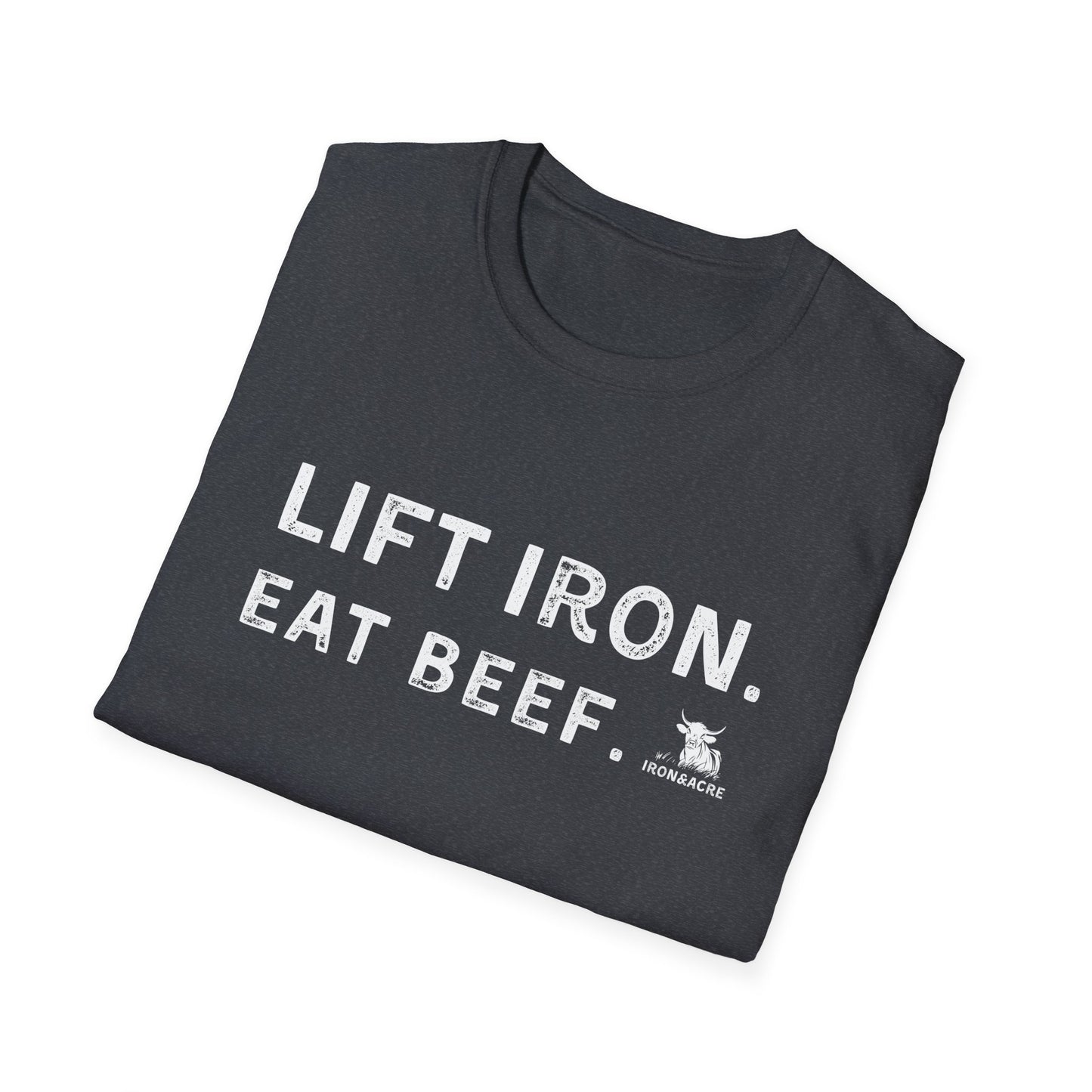 Stylish unisex fitness tee featuring 'Lift Iron. Eat Beef.' design, perfect for gym lovers and casual wear.