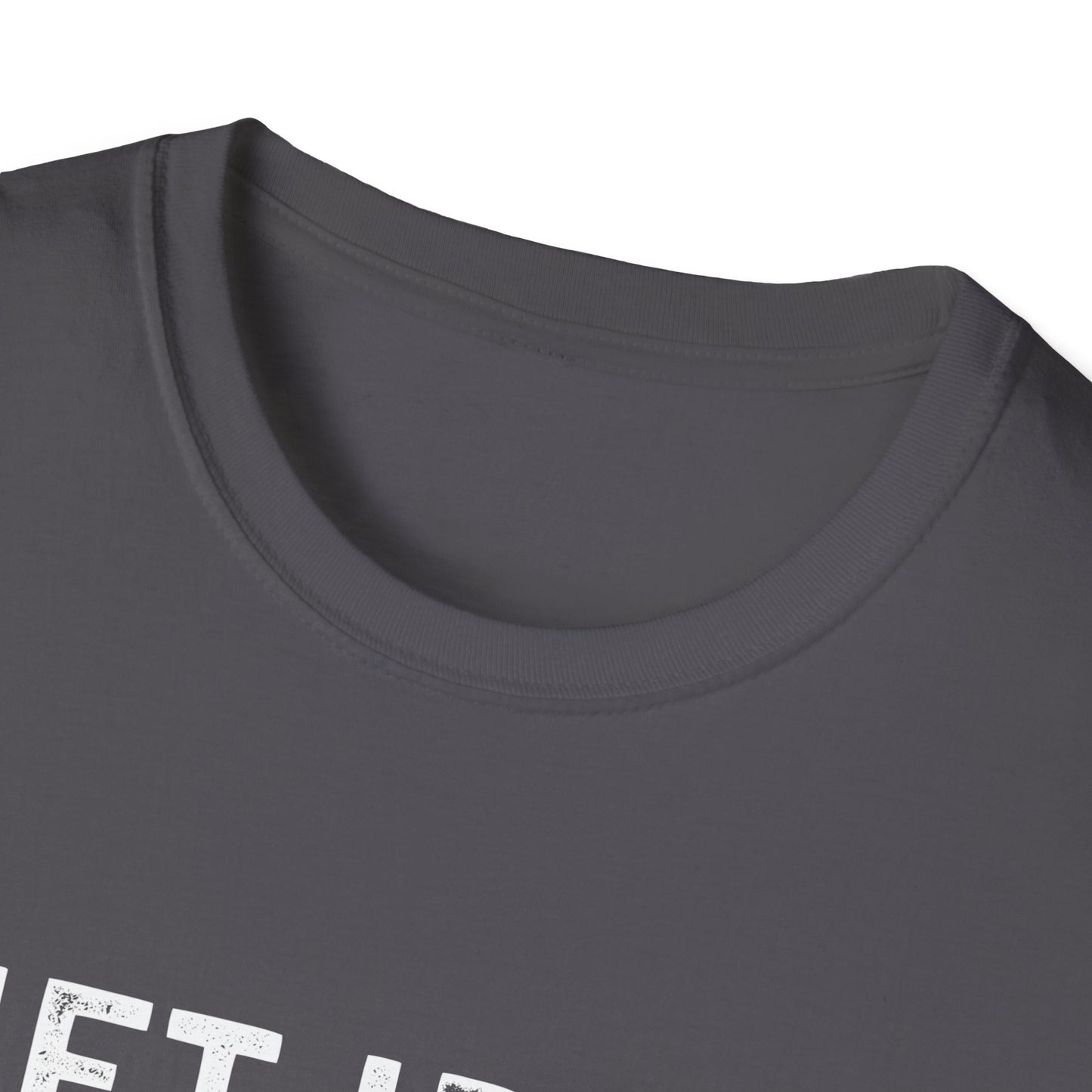 Close-up of the neckline of The Lift Iron Eat Beef Unisex Tee, featuring a comfortable fit and stylish design.