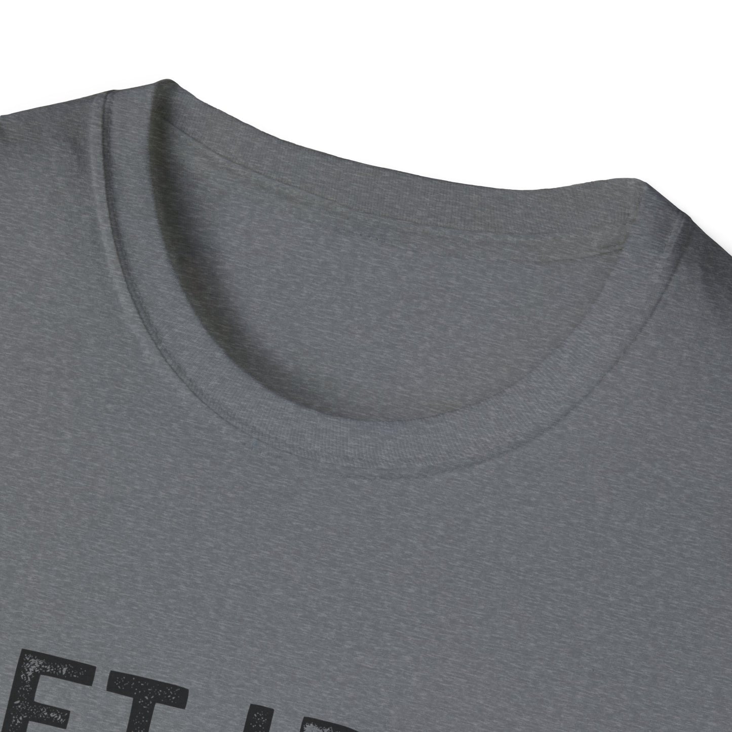 Close-up of neckline on The Lift Iron Eat Beef unisex fitness tee, designed for comfort and style.