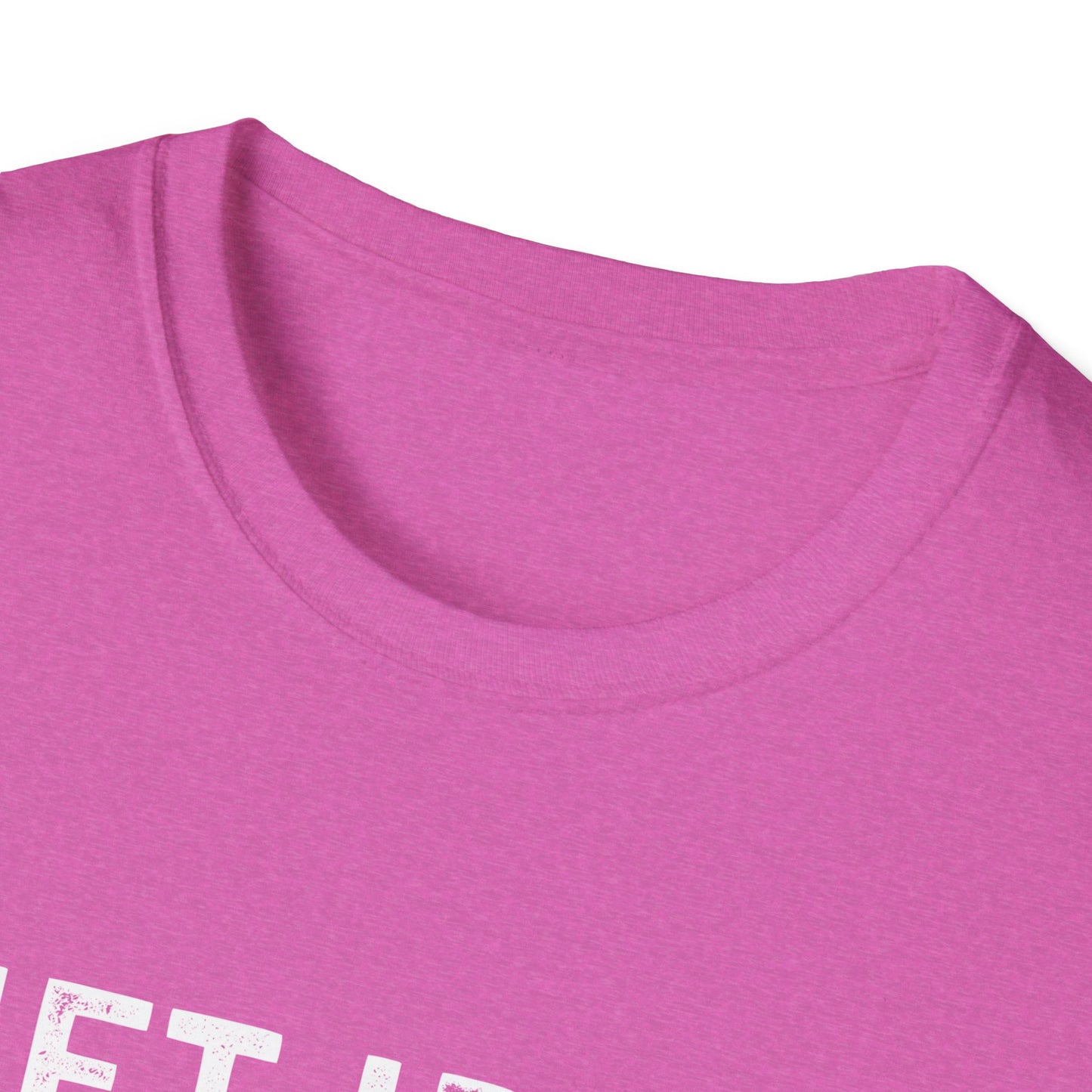 Close-up of the soft pink collar of a unisex gym tee featuring a humorous fitness slogan design.