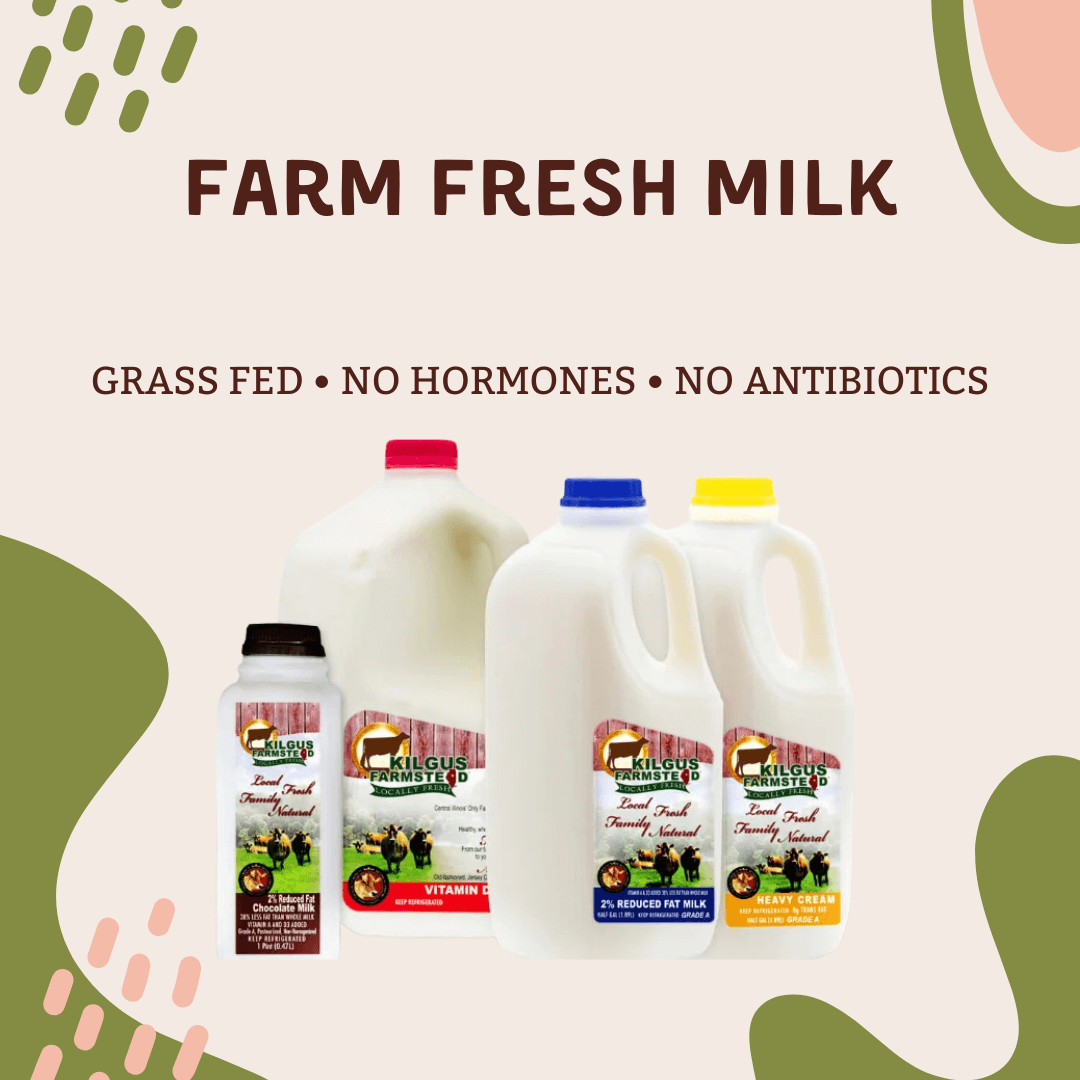 Farm fresh, grass-fed milk in various containers, highlighting no hormones and no antibiotics.