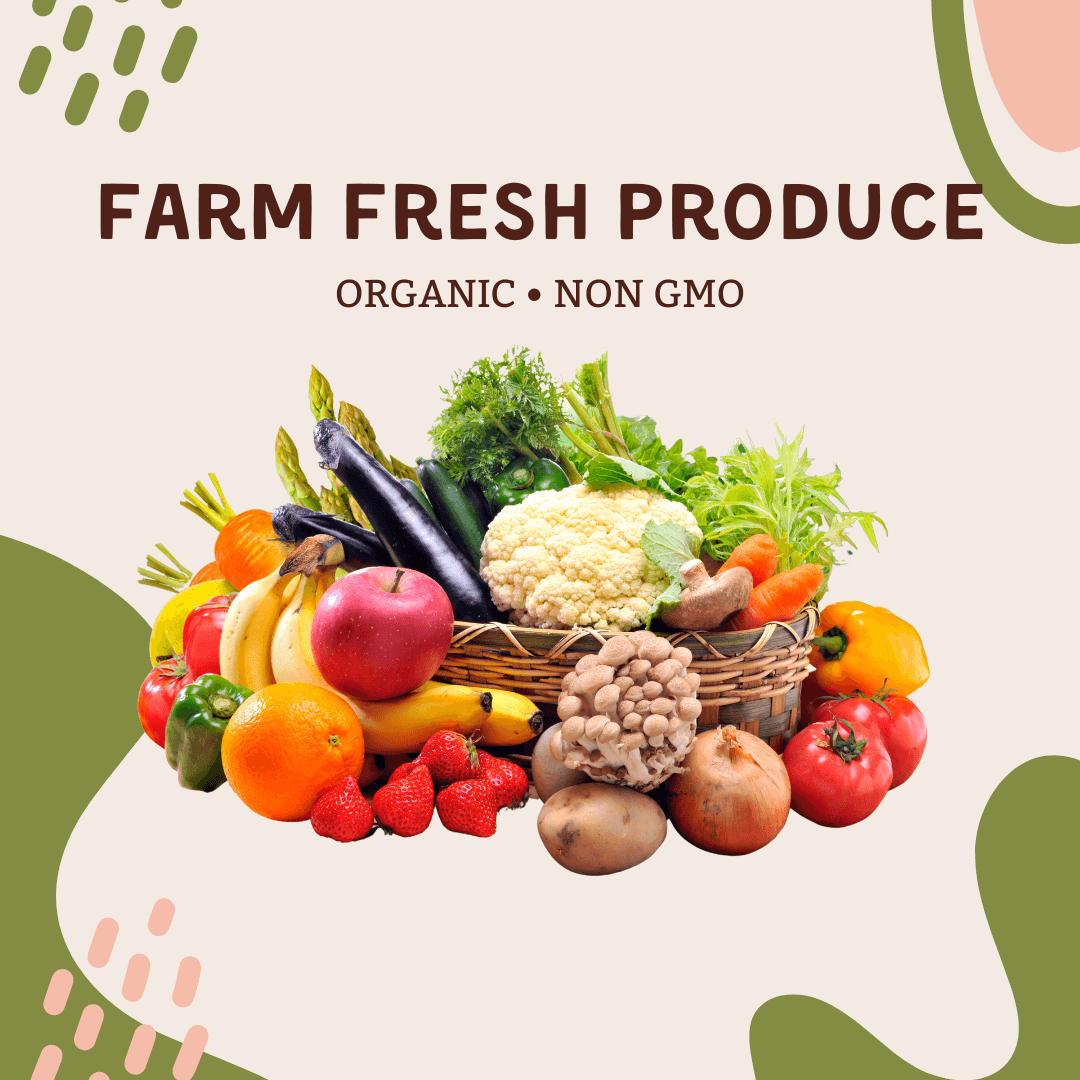 Colorful assortment of farm fresh organic vegetables and fruits, featuring non-GMO produce for healthy meals.