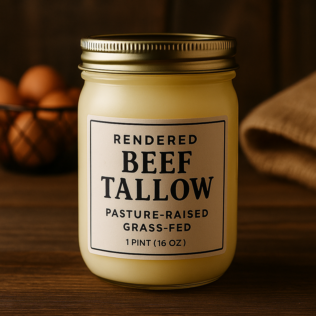 Rendered beef tallow jar, 1 pint, made from pasture-raised grass-fed cattle, perfect for cooking and baking.