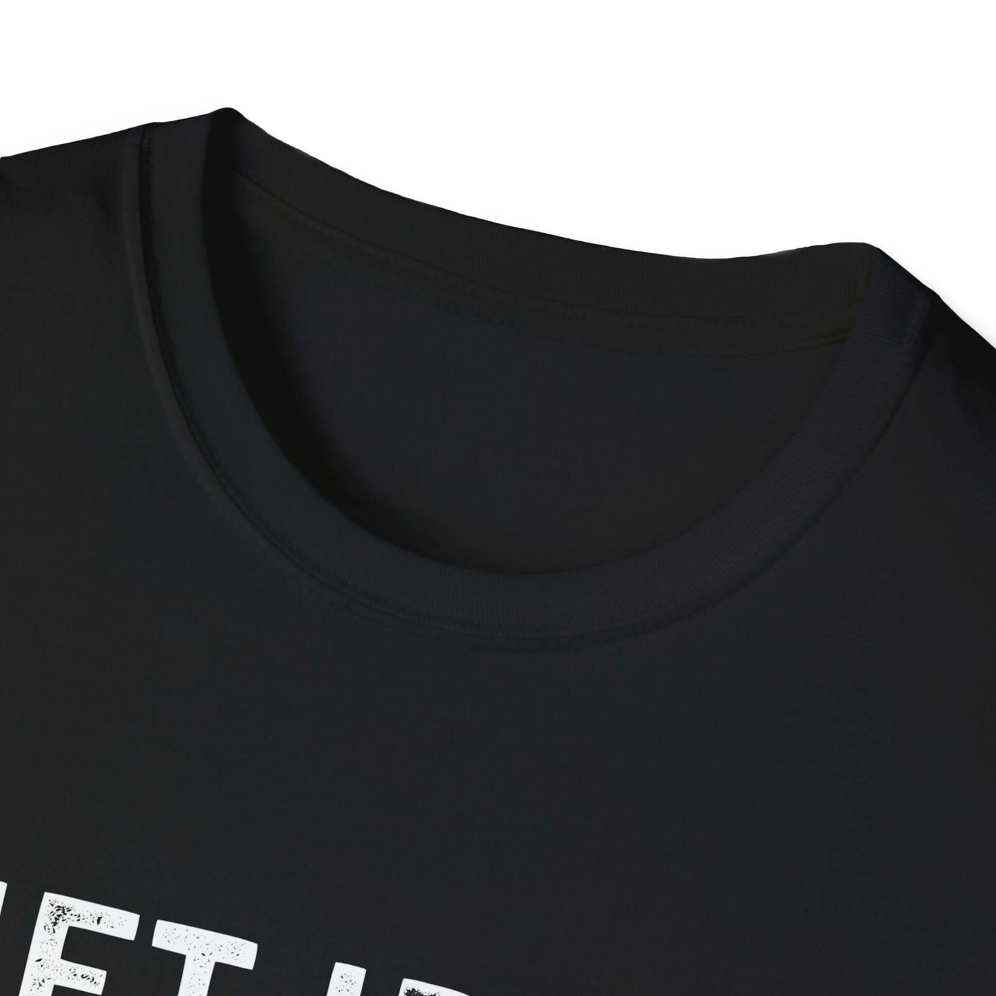 Close-up of the neckline of the Lift Iron Eat Beef unisex tee, perfect for fitness enthusiasts.