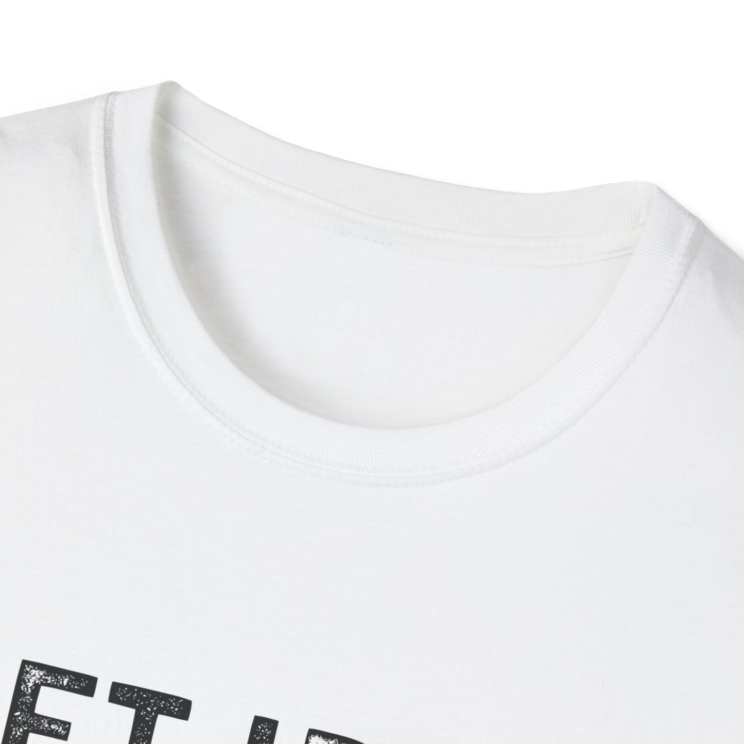 close-up of the collar of the Lift Iron Eat Beef unisex fitness tee in white, highlighting its soft fabric and stylish design.