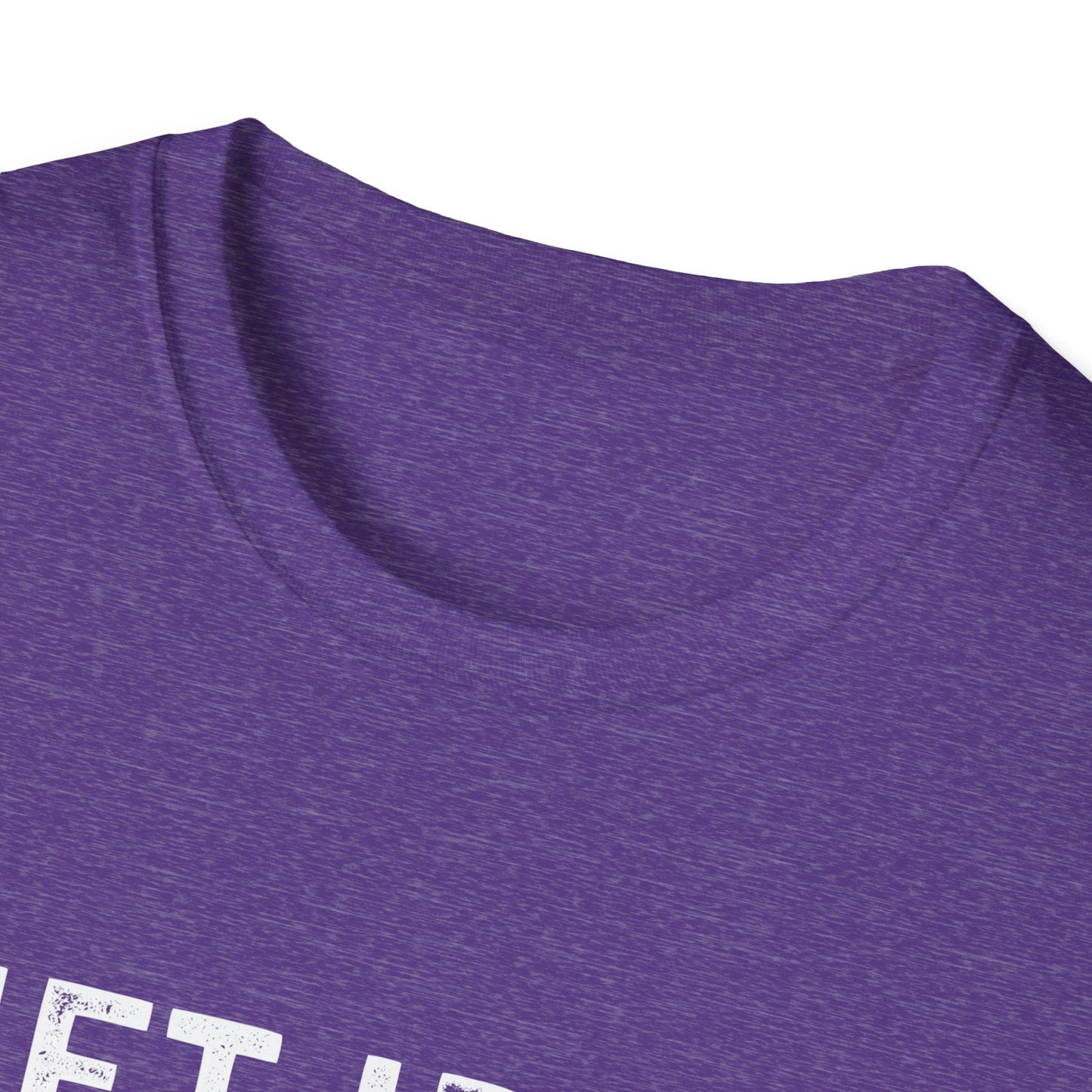 Close-up of the collar of a purple unisex fitness tee with a soft fabric texture.