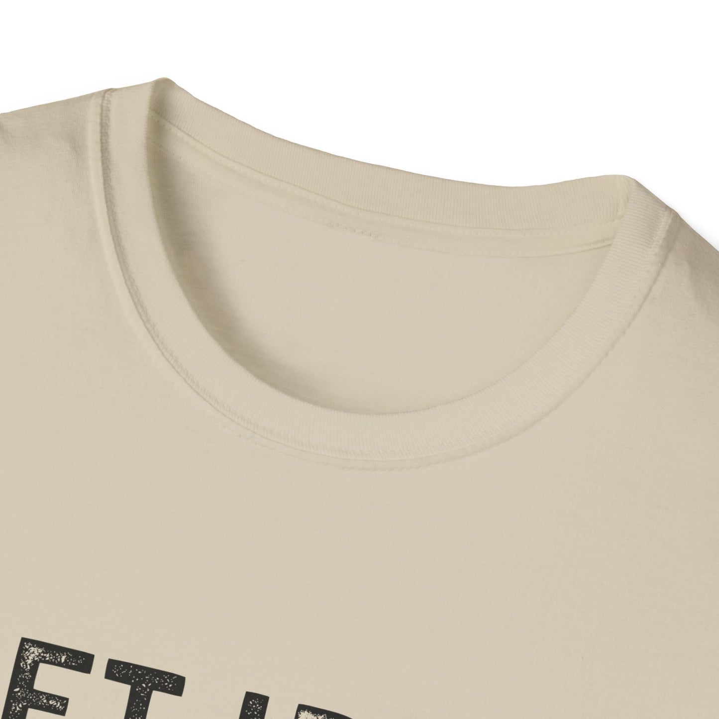 Close-up of neckline on The Lift Iron Eat Beef unisex tee, showcasing soft fabric and stylish print.