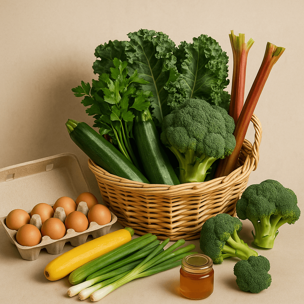 Fresh seasonal vegetables and pasture-raised eggs in a basket, perfect for healthy cooking and meal prep.