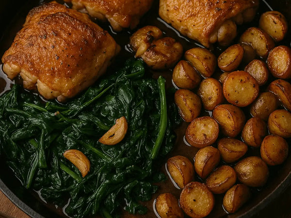 🥘 One-Pan Chicken Thighs with Garlic Greens & Crispy Potatoes