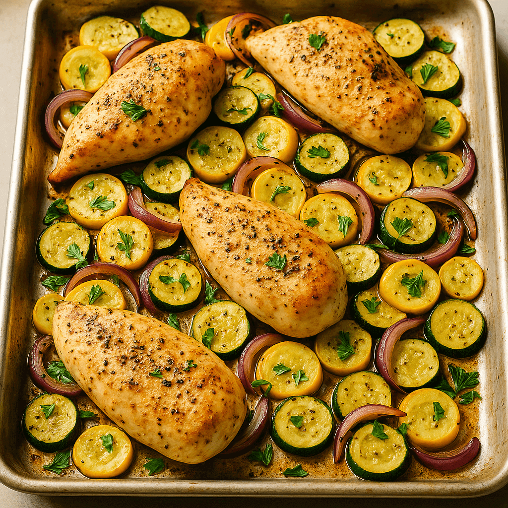 🥘 Sheet Pan Chicken Breasts with Summer Squash featuring tender chicken and vibrant squash slices.