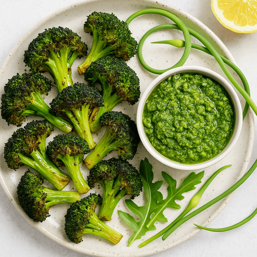 🍋 Lemon-Garlic Scape Pesto with Roasted Broccoli served with fresh broccoli and garlic scapes on a round plate.