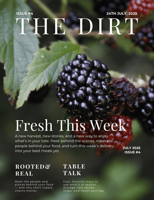 The Dirt: Issue 4 — Summer’s Peak, Community Roots featuring fresh blackberries and summer produce.