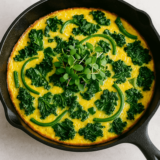 Garlic Scape & Kale Frittata: A Farm Fresh Favorite filled with kale and microgreens in a cast iron skillet.