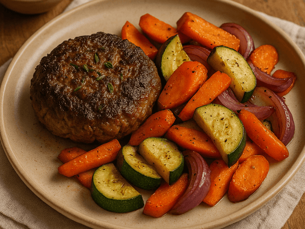 🥩 Garlic-Rosemary Beef Patties with Roasted Veg
