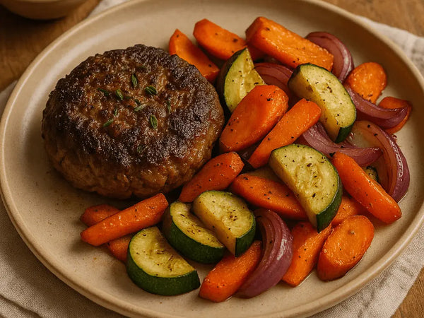🥩 Garlic-Rosemary Beef Patties with Roasted Veg