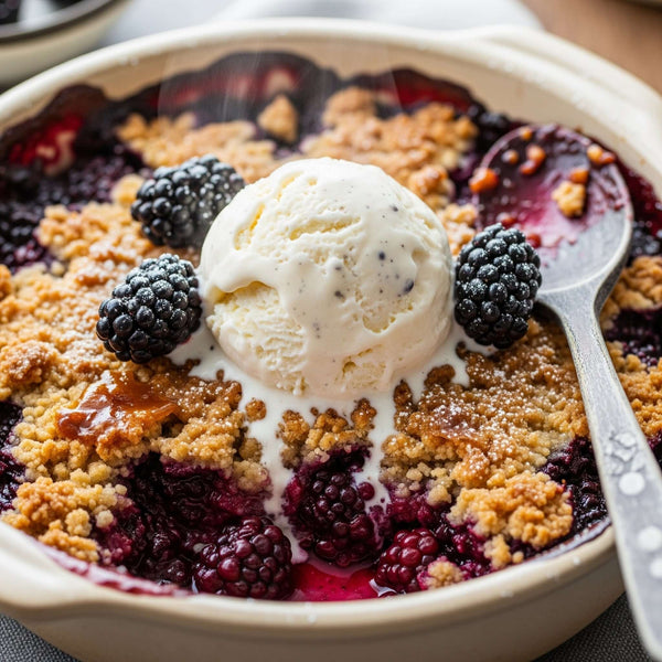 Brown Butter Blackberry Crisp topped with vanilla ice cream and fresh blackberries in a baking dish.