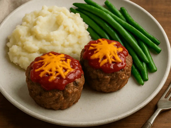 Mini Beef & Cheese Meatloaf Cups with Mashed Potatoes & Green Beans