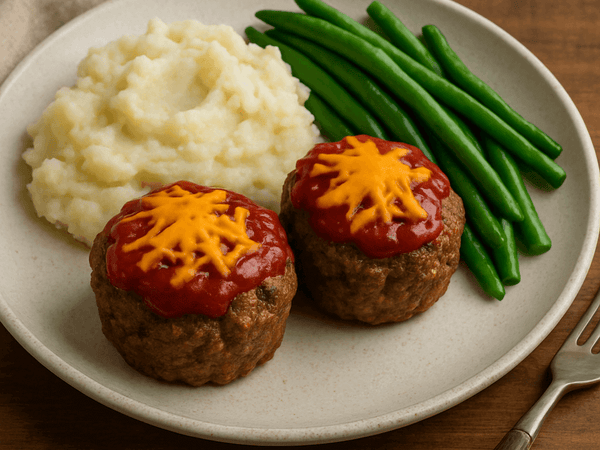 Mini Beef & Cheese Meatloaf Cups with Mashed Potatoes & Green Beans