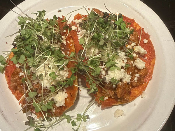 Griddled Cheddar Shell Tacos with Ground Pork, Cotija & Microgreens