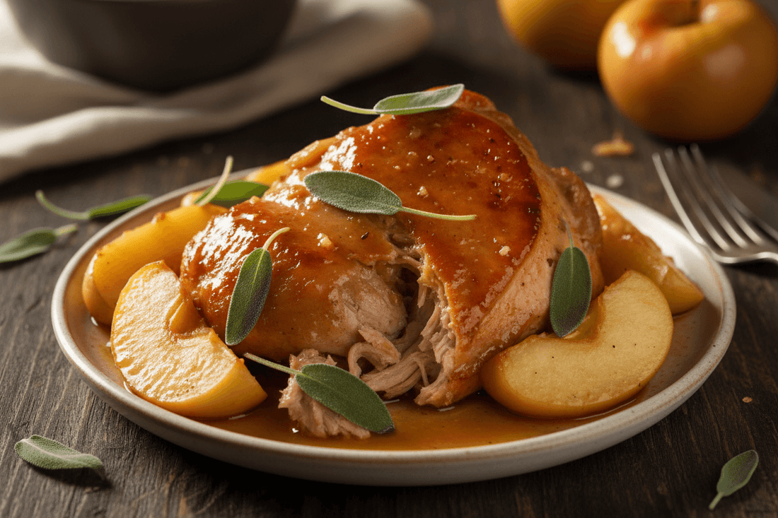 Cider-braised pork shoulder recipe served with apple slices and fresh sage on a rustic plate.