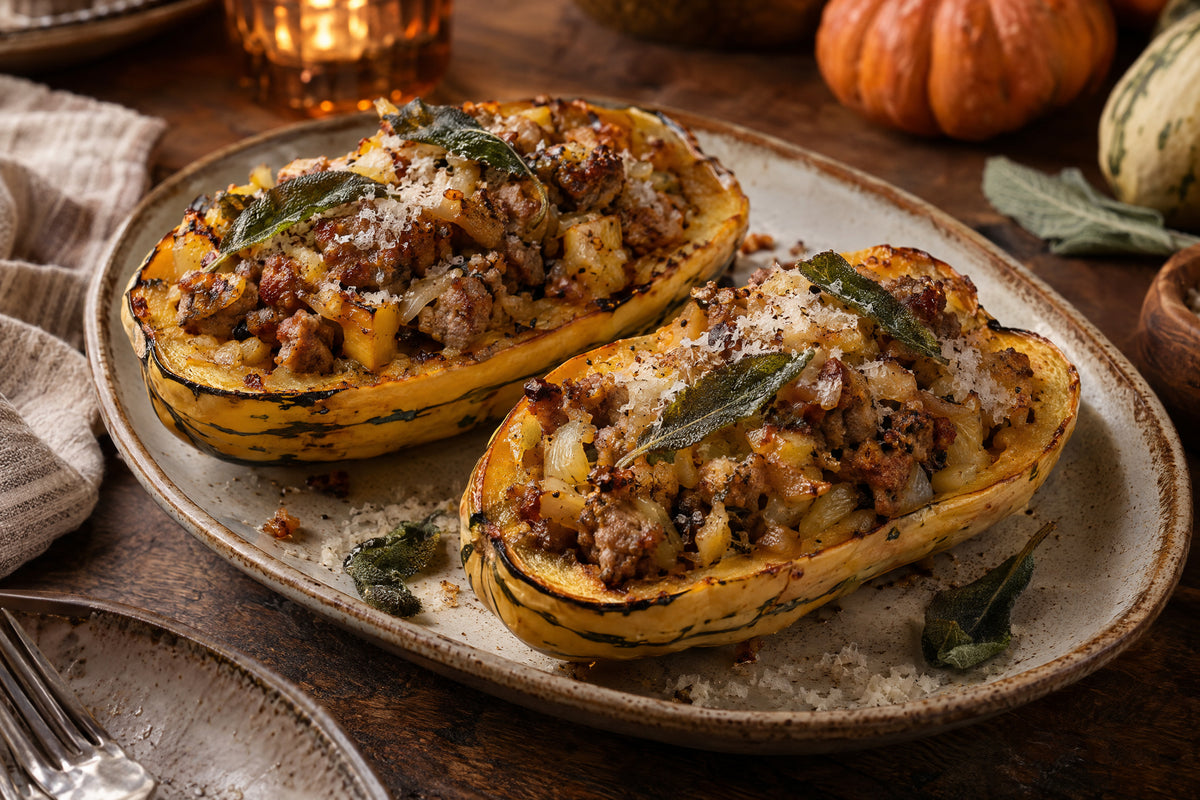 Roasted delicata squash stuffed with heritage pork, sweet onions, Parmesan and sage