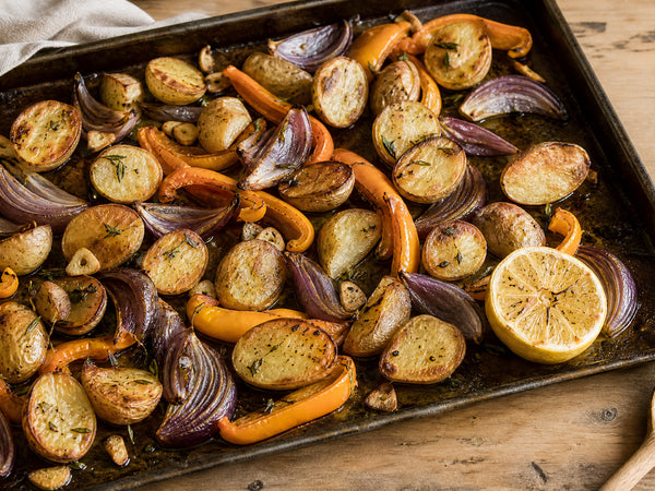 Crispy German Butterball Potatoes with Orange Peppers & Tropea Onions